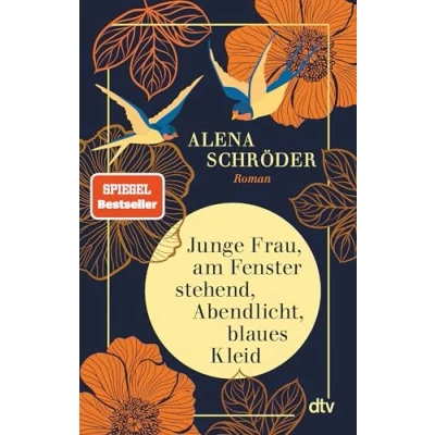 Afbeelding van Junge Frau, am Fenster stehend, Abendlicht, blaues Kleid: Roman &#039;Eine berührende Jahrhundertgeschichte&#039; BRIGITTE