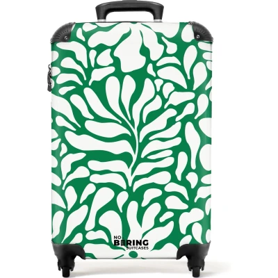 Afbeelding van NoBoringSuitcases.com® Handbagage koffer lichtgewicht Reiskoffer trolley Groen met witte bloemenprint Rolkoffer wieltjes Past binnen 55x40x20 en 55x35x25