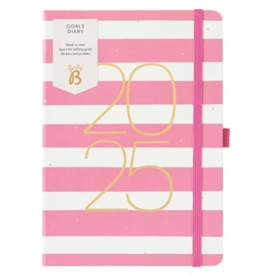 Afbeelding van Busy B Goals Diary 2025 Weekplanner A5 roze streep met elastische band, weekoverzicht voor dagelijks gebruik, maandoverzicht, inspirerende citaten en stickers, compact dagboek