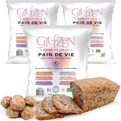 Afbeelding van Biologische glutenvrije broodmix GLUTZEN. Zonder broodmachine. Keto, lage GI brood, zetmeelvrij en gistvrij. Coeliakie, veganistisch allergeenvrij. Gezond, voedzaam klaar in 3Min. (3x500g)