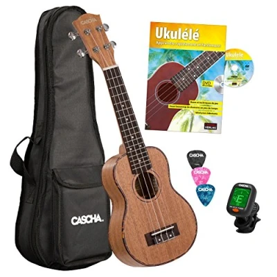 Afbeelding van CASCHA HH 2027 FR Sopraan Ukelele Set Premium Mahonie met Franse methode, stemapparaat, gevoerde tas, 3 plectrums en Aquila snaren in bruine kwaliteit