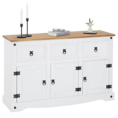 Afbeelding van Dressoir CAMPO in Mexico stijl commode massief grenen wit met 3 laden en deuren buffetkast servieskast
