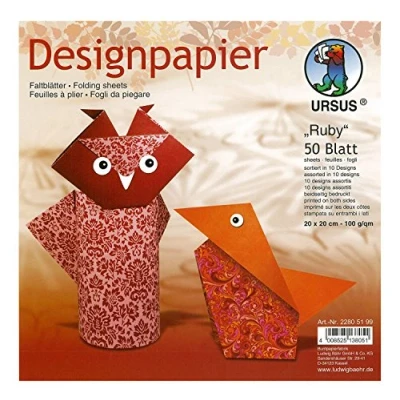 Afbeelding van Ursus 22805199 designpapier Ruby, 50 vellen in 10 verschillende motieven, ca. 20 x cm, 100 g/m², aan beide zijden bedrukt, ideaal voor het vouwen van creatieve origami dieren