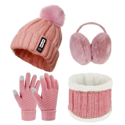 Afbeelding van 3 in 1 Winter Beanie Dames Muts + Sjaal Handschoenen One Size Poeder roze