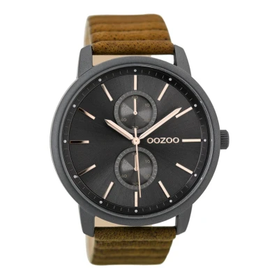 Afbeelding van OOZOO Timepieces Zwarte horloge met bruine leren band C9452