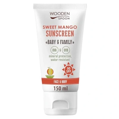 Afbeelding van WOODEN SPOON Organische zonnecrème Baby &amp; Family, SPF 50, UVA en UVB bescherming, zoete mango, 150 ml