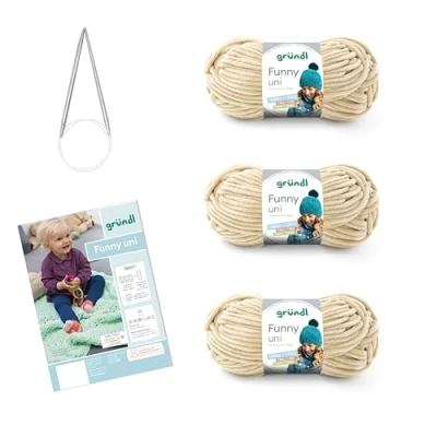 Afbeelding van Gründl Funny Breiset voor breien en haken, effen fluweelachtig chenillegaren, 3 x 100 g + naalden 5 6 handleiding een babydeken, beige