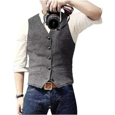 Afbeelding van Solovedress Casual wollen vest met visgraatpatroon voor onder pak, v hals, tweedvest bruiloft, groomsmen, zilver grijs, L