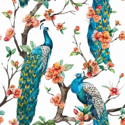 Afbeelding van 20 servetten diermotieven exotische pauw op bloemen als tafeldecoratie. Papieren met motief. Ook voor decoupage en servettechniek 33x33cm