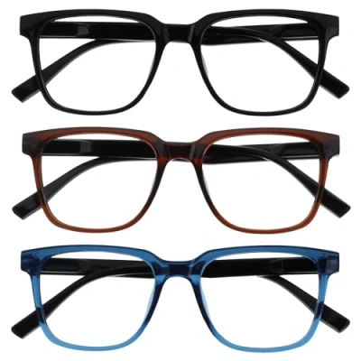 Afbeelding van OPULIZE LEO Leesbril 3 Pack Groot Rechthoekig Montuur Zwart, Bruin, Blauw Heren Dames Veerscharnieren RRR55 123 +2.00