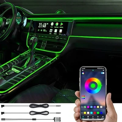 Afbeelding van TABEN Auto Omgevingslicht Kit 3m Glasvezel 64 Kleuren Bluetooth APP Controle DIY 16 Miljoenen RGB Veelkleurig Geluid Actieve Muziek Synchronisatie USB Interieur Sfeerverlichting met Autolader
