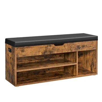 Afbeelding van VASAGLE Gevoerde schoenenbank, opbergbank, 3 vakken, verborgen opslag, planken, voor woonkamer, entree, slaapkamer, draagvermogen 150 kg, rustiek bruin LHS130B01