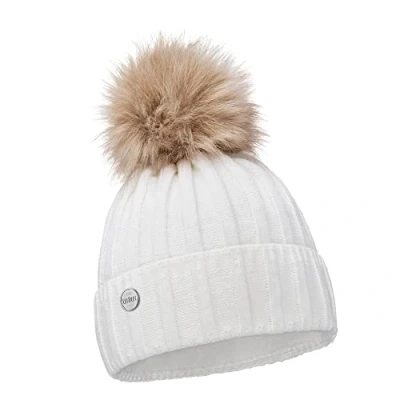 Afbeelding van ELIMELI Kasjmier muts voor dames, warme gebreide wintermuts met kasjmier, kunstbont, slouch beanie de winter, pomponmuts, gemaakt in EU, beige, Eén maat