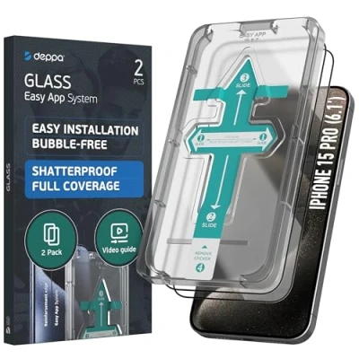 Afbeelding van Deppa [2 Stuks] Screen Protector voor iPhone 15 Pro (6.1&#039;) Schermbeschermer, 9H Gehard glas Volledige dekking met sjabloon installatie [Bubble Free]