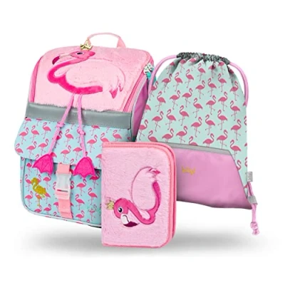 Afbeelding van Baagl schooltas voor jongens en meisjes, 3 delige set Zippy de 1e klas basisschool rugzak tornister met borstriem ergonomische schoolrugzak, flamingo, schooltassenset