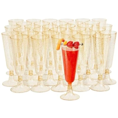 Afbeelding van MATANA 50 stuks herbruikbare plastic champagneglazen 150 ml met goud glitter