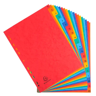 Afbeelding van Exacompta ref. 4803Z Soepele glanskartonnen tabbladen 225g/m2 FSC® met 20 alfabetisch bedrukte tabs van A tot Z A4 archiefformaat geassorteerde kleuren
