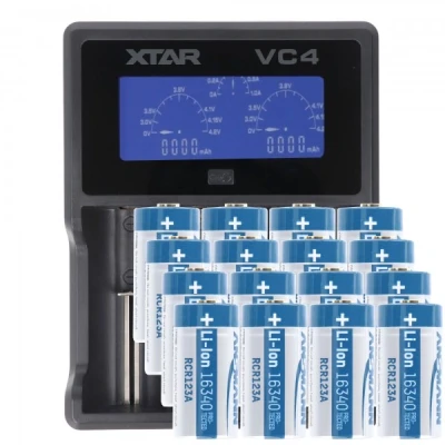Afbeelding van CR123 Een Li ionbatterij met 3,7 volt, 760 mAh 12 stuks en snellader, AkkuBox