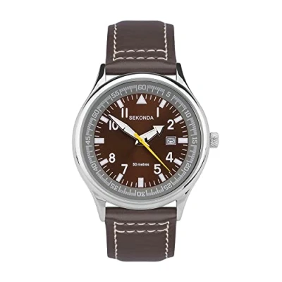 Afbeelding van SEKONDA Herenhorloge met analoog display en lederen band, bruin/goud/wit, band