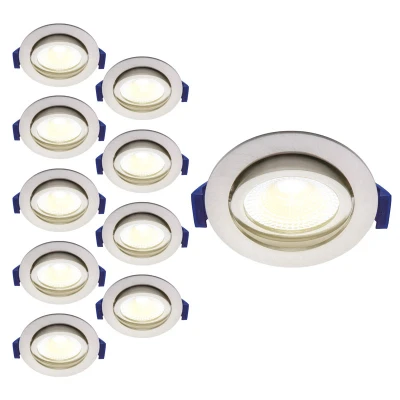 Afbeelding van Voordeelpak 10x Led inbouwspot badkamer nikkel/RVS, warm wit (2700K), kantelbaar, 5W vervangt 50W, zaagmaat Ø75mm, buitenmaat Ø85mm, 23mm diep
