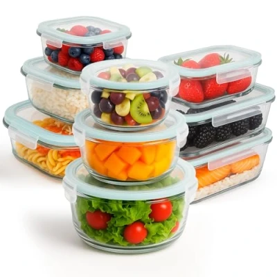 Afbeelding van edihome, Glass Container Food, 18 stuks (9 potjes + 9 deksels), luchtdichte voedseltaper, levensmiddelen, vaatwasmachinebestendig, BPA vrij containers)