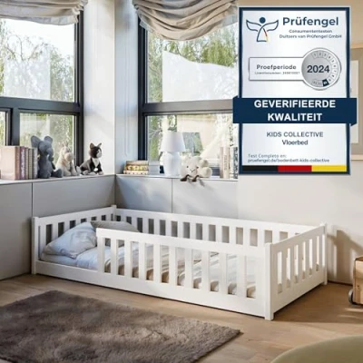 Afbeelding van Kinderbed Vloerbed 90x200 cm Bed met matras, uitvalbescherming &amp; lattenbodem Montessoribed Kinderledikant Jeugdbed Eenpersoonsbed complete set wit massief grenenhout jongen meisje