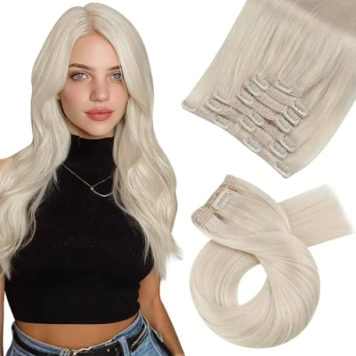 Afbeelding van Moresoo Clip in Hair Extensions Human Zwart Voor Haarverlenging Dubbele Inslag Echt Remy Haar Platinablond #60 120g 40 cm 7PCS