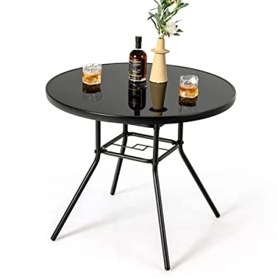 Afbeelding van COSTWAY Tuintafel met tafelblad van gehard glas, terrastafel schermgat, balkontafel voor 4 personen, outdoor eettafel balkon, terras, tuin, 86 x 71 cm, zwart