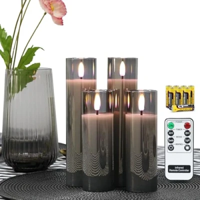 Afbeelding van Rhytsing Grijs glas batterij aangedreven LED kaarsen, gerookte slanke vlamloze kaarsen met afstandsbediening, warm wit licht, batterijen inbegrepen D 5 cm set van 4