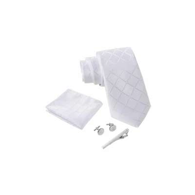 Afbeelding van Stropdas set Wit Vierkant Patroon met manchetknopen, pochet en dasspeld luxe stropdassen voor heren in Geschenkdoos Mens tie White