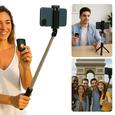 Afbeelding van Cheqo Selfie Stick met Bluetooth Afstandsbediening 3 in 1 Uitschuifbare Selfiestick &amp; Tripod Statief Smartphone Houder Lichtgewicht Opvouwbaa