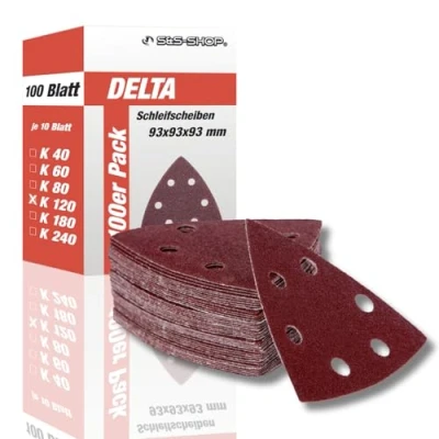 Afbeelding van Delta schuurdriehoeken met klittenband, korrel 120, 100 stuks, 93 x mm, 6 gaten, voor deltaschuurmachines en multischuurmachines, schuurpapier, stofafzuiging