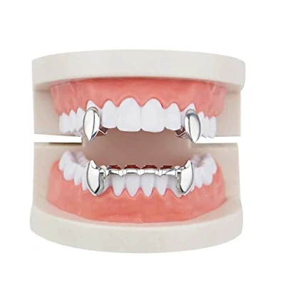 Afbeelding van Sadiyamo Glanzende hiphoptanden Grillz Caps Iced Out CZ Top en Bottom Vampier Fangs voor mannen vrouwen, Messing