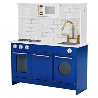 Afbeelding van Teamson Kids Modern Houten Speelkeuken Met Accessoires Kinderspeelgoed Rollenspel Speelgoed Wit/Blauw