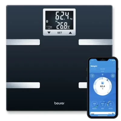 Afbeelding van Beurer BF 720 Bluetooth® Personenweegschaal Lichaamsanalyse BMI/AMR/BMR HealthManager Pro app 30 x cm Verlicht Zwart display Tot 180 kg Incl. batterijen 8 Gebruikers 5 Jaar garantie