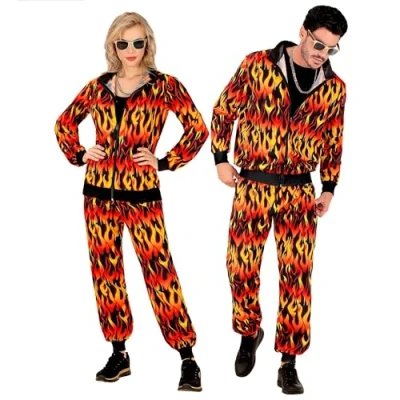 Afbeelding van Widmann Grappig &amp; Fout Kostuum Keihard Vlammen Retro Trainingspak Rood, Geel, Zwart Medium Halloween Verkleedkleding