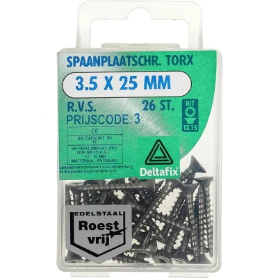 Afbeelding van Deltafix spaanplaatschroef platkop / torx r.v.s. a2 3.5 x 25 mm 26 st.