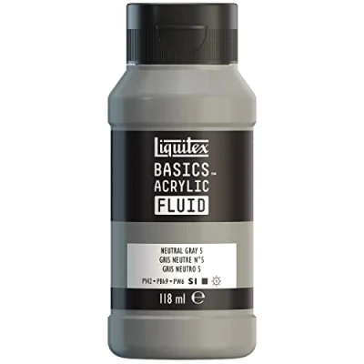Afbeelding van Liquitex 8870414 Basics Fluid acrylverf met vloeiende consistentie, sneldrogend, lichtecht, waterbestendig, op waterbasis, 118 ml fles neutraal grijs nr. 5