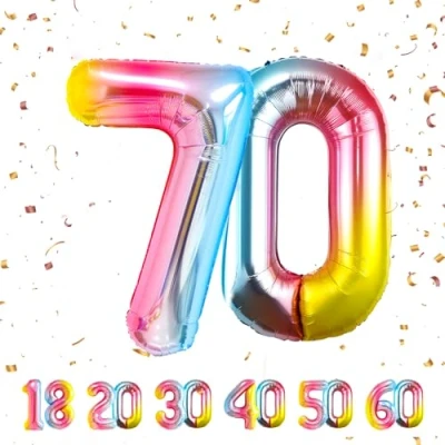 Afbeelding van 70e verjaardag decoratie cijfers ballon 70 jaar folieballon regenboog voor mannen vrouwen nummer vliegt met helium