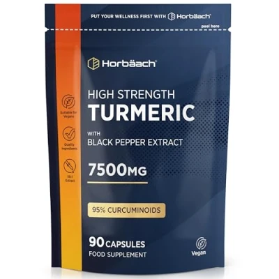 Afbeelding van Kurkuma Capsules met Zwarte Peper 7500mg Hoge Concentratie 3 Maanden Voorraat 90 Veganistische Stk 50:1 Curcuma Extract Horbaach