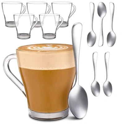 Afbeelding van 6 Cappuccino Glazen met Handvat en Lepel 250 ml Houdt Lang Warm Ideaal Formaat voor Volautomatische koffiemachines Vaatwasmachinebestendig