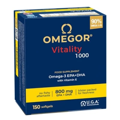 Afbeelding van OMEGOR Vitality 1000 Voedingssupplement met mg Omega 3 Vitamine E Voor Hart en Hersenen 90% Concentratie IFOS 5 Sterren Certificering 150 Capsules