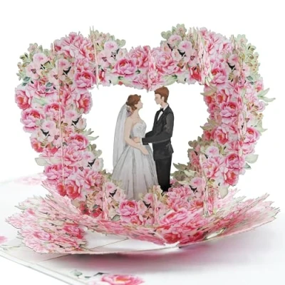 Afbeelding van Favour pop Up® bruiloftskaart 3D bruidspaar in een hart van rozen geldgeschenk voor huwelijksreis wenskaart bruiloft opvallende up
