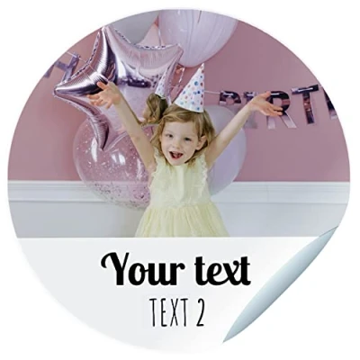Afbeelding van Fotostickers voor verjaardag, personaliseerbaar, met naam en datum gastgeschenken, afmetingen: 45 mm / 60 70 diameter, niet geschikt kleding