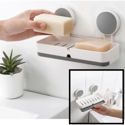 Afbeelding van Decopatent® Zeepbakje Hangende Dubbele zeephouder met zuignap Zeepschaaltje 2 stuks zeep Douche Badkamer Keuken Toilet