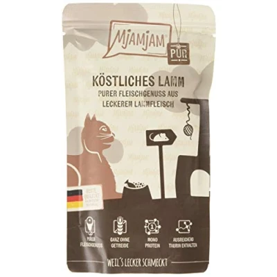 Afbeelding van MjAMjAM premium natvoer voor katten Quetschie puur vleesgenot heerlijk lamsvlees, pak van 12 (12 x 125 g), graanvrij met extra vlees