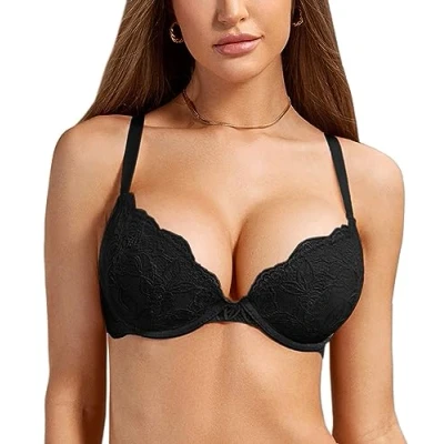 Afbeelding van DOBREVA Vrouwen Push Up BH Met Kant Gevoerde Plunge Beugel Volledige Cup Buste Voorgevormde Cups zwart 70E