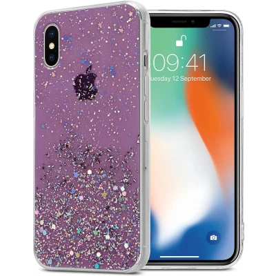 Afbeelding van Cadorabo Hoesje geschikt voor Apple iPhone X / XS in Paars met Glitter Beschermhoes van flexibel TPU silicone fonkelende glitters Case Cover Etui