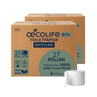 Afbeelding van oecolife toiletpapier RECYCLING, 3 laags, 54 rollen á 250 vel, wc papier superzacht, plasticvrije verpakking, vegan, duurzaam