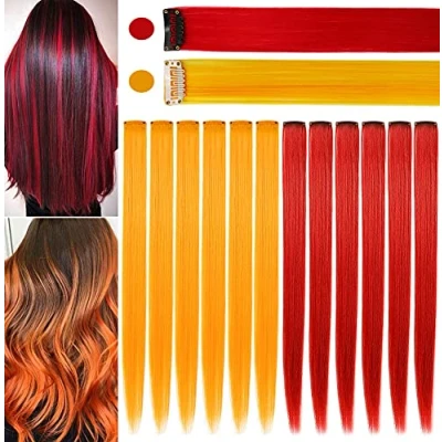 Afbeelding van JCHDWSGUO 10 stuks gekleurde haarextensies 21 inch hittebestendige synthetische rechte Clip in meisjes Dames Holiday Party Haarhoogtepunten (oranje,rood)